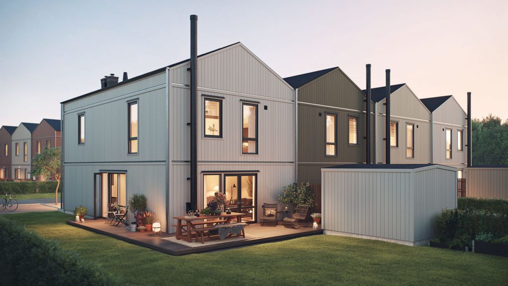 Tillbyggnad 4 Radhus med upplyst altan. Hus ritad av Blooc | Derome