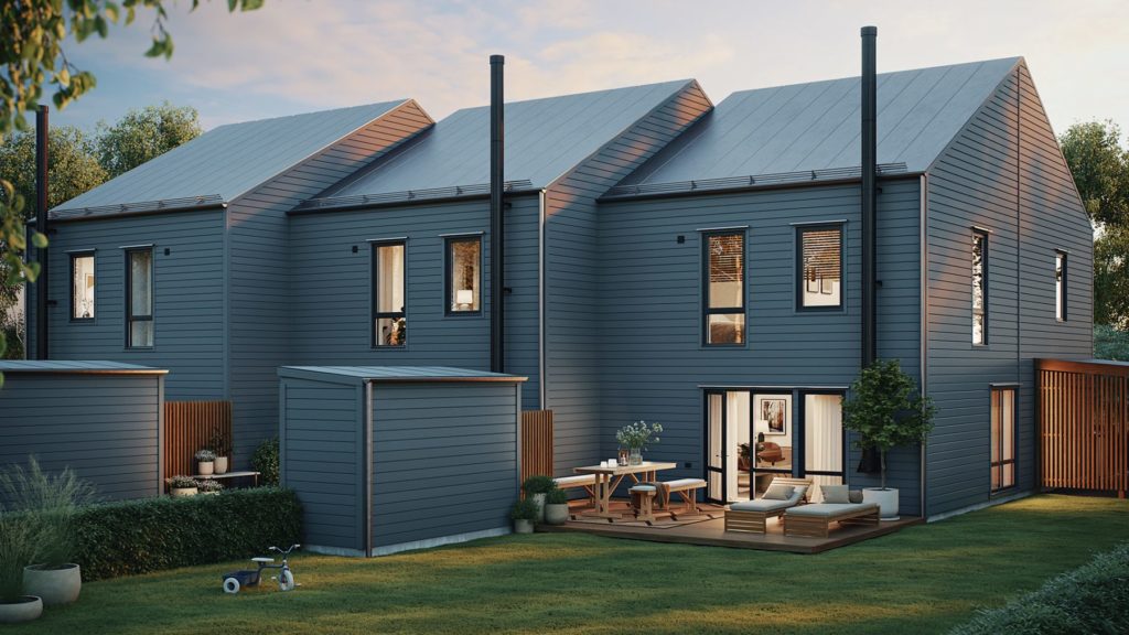 Nytt bostadsområde, gråa radhus ritade av Blooc | Derome. Tony Söderström Bygg & Kakel